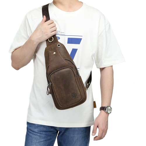 Image of Mens Sling Bag Genuine Leather Crossbody Bags for Men Small Sling Chest Backpack Casual Man Bag Hiking Outdoor, Coffee