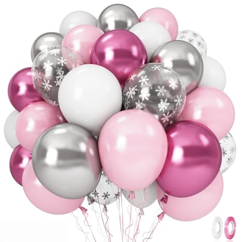 Image of Pink Winter Wonderland Balloons, 60PCS Pearl White & Pink Double Stuffed Balloons, Metallic pink Silver and Snow Balloon for Princess Ice Wonderland Baby Shower Christmas Birthday Party Decorations