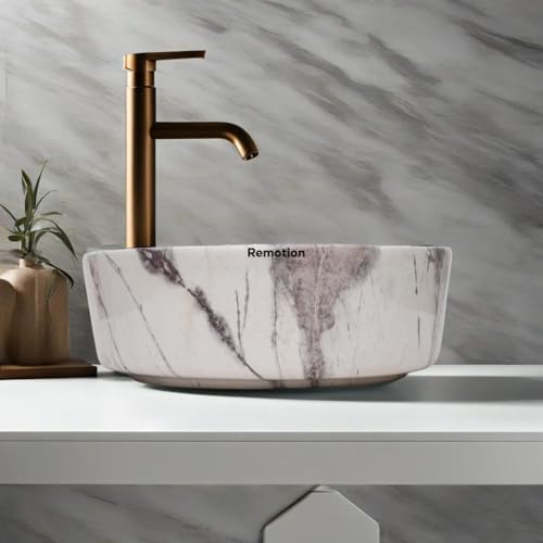 Image of REMOTION Round Countertop Wash Basin For Bathroom | Tabletop Ceramic Bathroom Sink | Wash Basin Over Counter | Wash Basin For Living Room, Resturent (12.5 x 12.5 x 5 Inch) (Designer Grey)