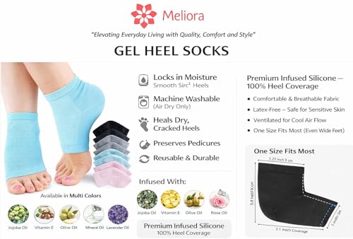 Image of Meliora Silicone Gel Heel Socks for Dry Hard Cracked Heel Repair Pad, Swelling & Pain Relief, Cushion Support, Foot Care, Ankle Protection, Plantar Fasciitis for Men and Women (Blue, 1)