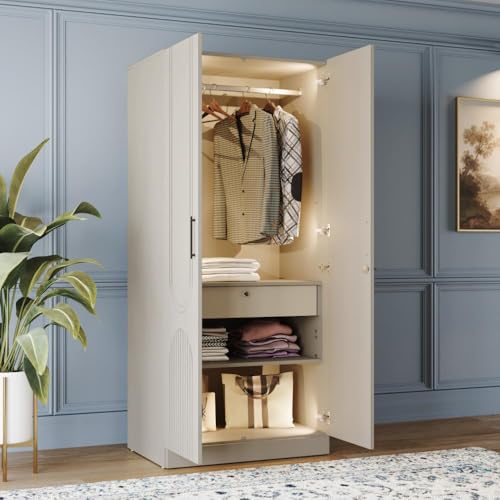 Image of Wakefit Wardrobe for Bedroom | 3 Yr Warranty | Cupboard for Bedroom, Almirah, Wooden Wardrobe, Comes with LED light, Multi-Shelves, Drawer & Hanger, Density:680-750 kg /m, Free Installation(Tyrian-LG)