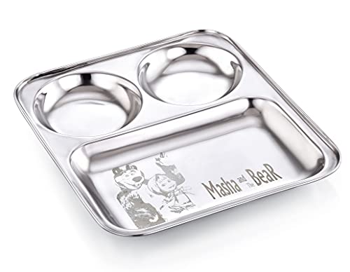 Image of Expresso Stainless Steel | Masha and the Bear Design | Sqaure Shape Dinner Plate with 2 Sections Divided Mess Trays for Kids Lunch, Camping & Every Day Use Kitchenware, Set of 1