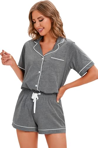 Image of LUBOT 100% Cotton Pajamas for Women 2 Piece PJ Set Button-Down Soft Knit Short Sleeve Summer Sleepwear Loungewear XS-XXL