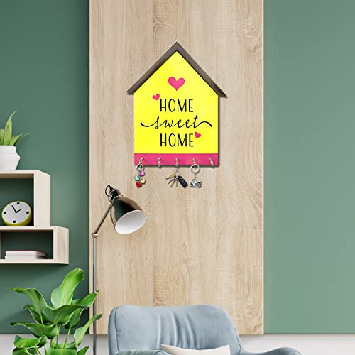 Image of BEE CREATIVE Designer Colorful Wooden Key Holder for Home Decor Stylish | Key Holder for Home | Key Stand with 5 Hooks (Home Sweet Home)