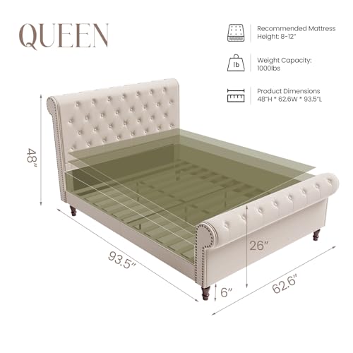 Queen-Bed-Frame-Sleigh-Bed-Frame-with-Headboard-and-Footboard-Upholstered-Platform-Bed-Frame-No-Box-Spring-Needed-Deep-Button-Tufted-Easy-Assembly-Wood-Slats-Cream-White Queen Bed Frame Sleigh Bed Frame with Headboard and Footboard Upholstered Platform Bed Frame No Box Spring Needed Deep Button Tufted Easy Assembly Wood Slats Cream White