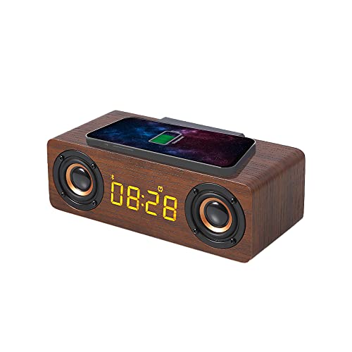 APM Enceinte Bluetooth Réveil Bois avec Radio FM, Chargement sans Fil Induction pour Smartphone,Port de Charge USB, Luminosité Réglable, Réveil Numérique...