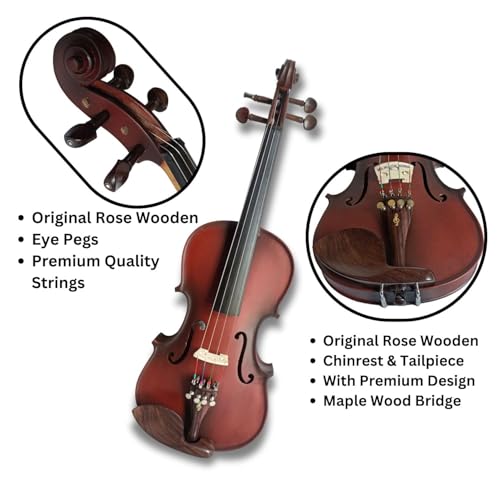 Image of Pleasure 4 /4 Full Size Wooden Violin with Bow for Beginners | Classical Acoustic String Instrument for Students, Learners & Practice
