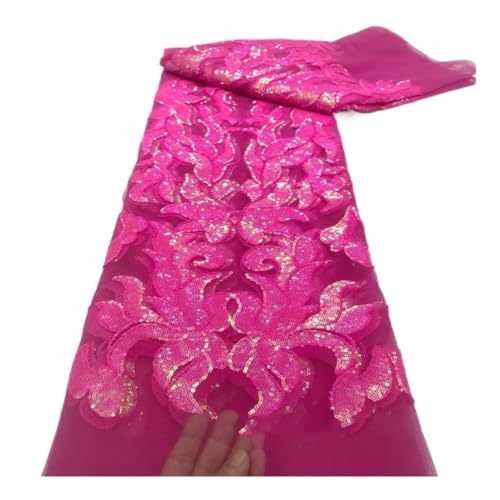 Tela de lentejuelas rosa de 5 yardas y encaje con cuentas para confección de trajes de fiesta