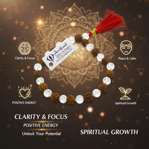 Image of Arihant Gems and Jewels Original Sphatik & Rudraksha Mala 27+1 Beads (8MM) | Natural Crystal Quartz Jaap Mala for Meditation, Yoga & Healing | Authentic Rudraksha Prayer Beads Mala for Men & Women | Energy Balancing Spiritual Necklace.