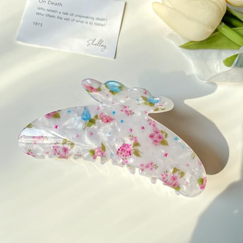 4.3" Floral Pattern Print Large Vintage Hair Claw Clip Non-Slip Shell French Style Hair Accessories for Women Girls Thick Hair, Floral White