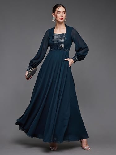 Image of Miss Chase Women's Bishop Sleeve Embellished Panelled Georgette Maxi Dress with Pockets