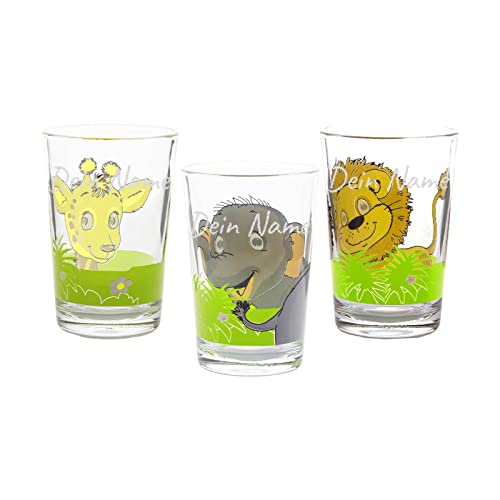 LUXENTU Kinderbecher mit Gravur, 3er Set Trinkgläser Dschungeltiere, 205 ml, Kindergläser mit persönlicher Namensgravur, Individualisierbar & Anpassbar mit 3 verschiedenen Namen Cover