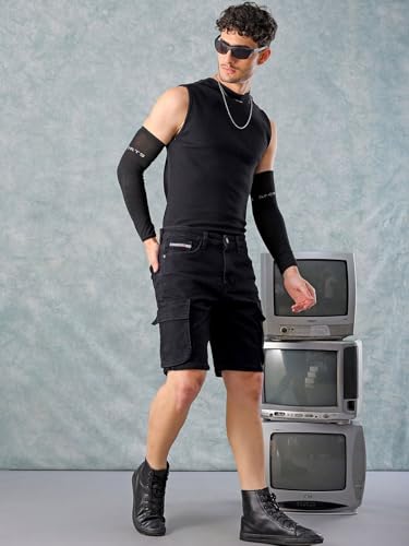 Image of The Indian Garage Co Men Relaxed Fit Solid Mid-Rise Denim Cargo Shorts