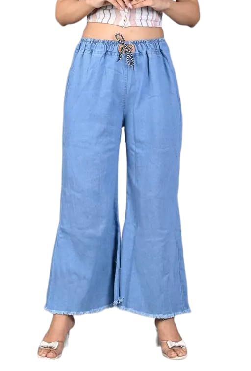 Image of Women's Denim Flared Ankles Palazzo with Elastic Waist