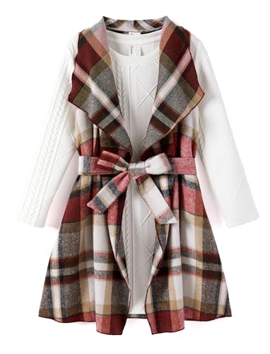 PATPAT Pre-Teen Girl Fall Fashion – Red Plaid Outerwear with Long Sleeve Dress – School Outfit for Holiday Season, 10–11 Years