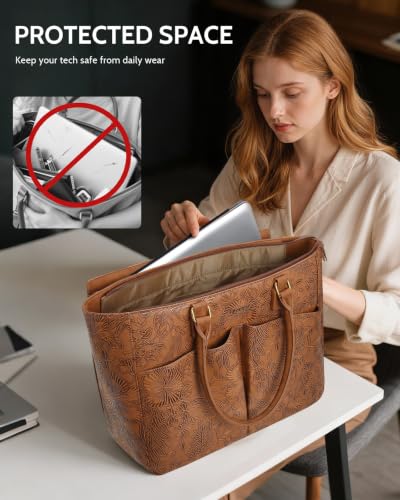 Image of Laptop Tote Bag for Women, Leather Work Tote with Padded Laptop Compartment, Cup Holder, Office Computer Briefcase