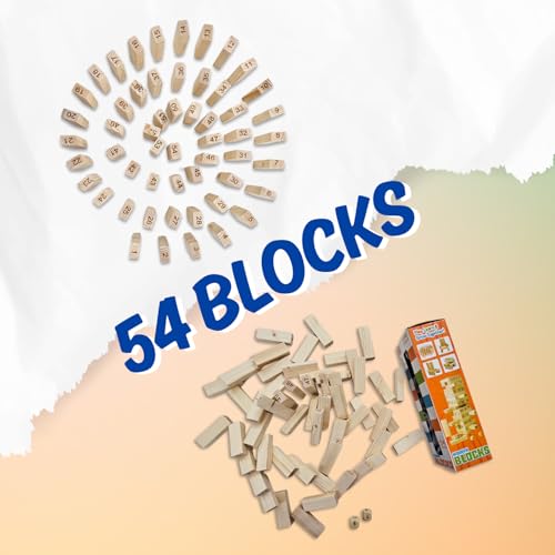 Image of 54 Pcs Wooden Tumbling Tower Game | Indoor Stacking Puzzle Blocks for Kids, Adults & Families | Fun Balancing Toy for Boys & Girls of All Ages | Party Game & Brain Training