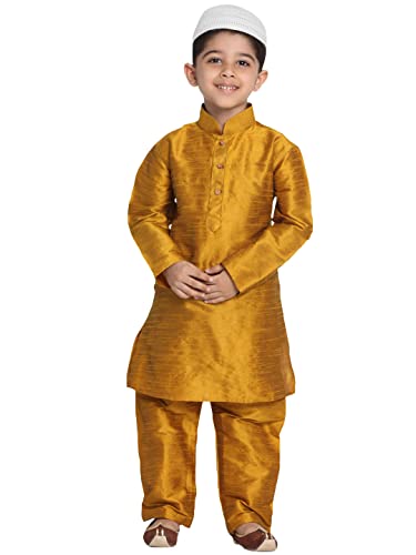 Image of VASTRAMAY Boys' Mustard Silk Blend Kurta Pyjama Set with Muslim Prayer Cap & Full-Length Slip-On Pyjama with Elastic Waistband - Ethnic Wear for Eid