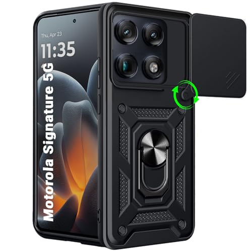 Image of TheGiftKart Tough Armor Bumper Back Cover Case for Motorola Moto Signature 5G | Sliding Camera Cover, KickStand & Ring Holder | 360 Degree Protection Cover Case for Moto Signature 5G (PC & TPU, Black)