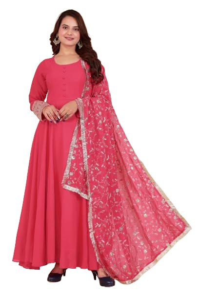 Image of ROYALICA Women's Georgette Gown Set with Solid Pattern Floor Length Round Neck Fit & Flare Full Sleeves Gown Pant and Embroidery Work Dupatta | Anarkali Gown Set for Women