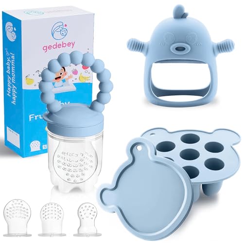 Image of Baby Fruit Feeder & Breastmilk Popsicle Molds – 3-Pack Set with Freezer Tray, Teether Toy, Silicone Pacifier, and 3 Extra Mesh Sizes – (Sky Blue)