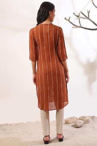 Image of Aurelia Women's Orange Yarn Dyed Cotton Blend Straight Kurta