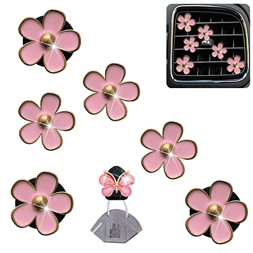 Image of Pink Daisy Air Vent Clips, 6 Pcs Cute Flower Car Air Fresheners Vents Clips Car Diffuser Vent Clip Car Interior Decor Charm Cute Car Accessories Car Decoration for Women + Cute Butterfly Mask Hook
