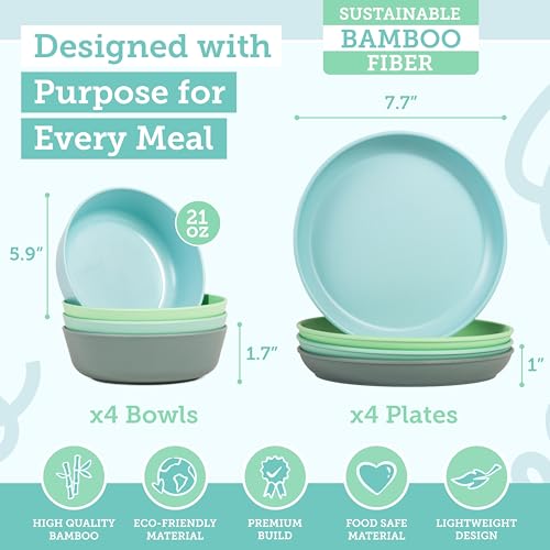Grow Forward Bamboo Kids Plates and Bowls Sets - 8-Piece Dishwasher Safe Non Toxic Plates for Kids - Reusable Eco Friendly BPA Free Dishes Dinnerware Sets for Children - Rainforest