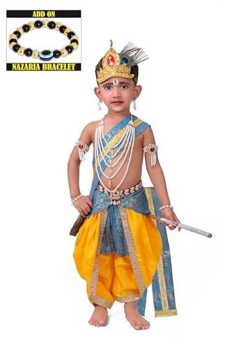 Image of Krishna Dress for Kids, Baby Krishna Dress for Janmashtami with Krishna Mukut, Peacock Feather & Flute Embroidered Krishna Costume for Girl & Boy, 3 Months-8 Years