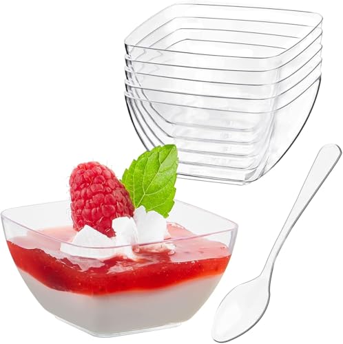 KAHEIGN 100 Pezzi Tazze da Dessert in Plastica con Cucchiai, 60ml Quadrato Coppetta Trasparente per Antipasti Ciotola da Portata Riutilizzabile con Cucchiaio per Dessert Budino Mousse Festa (5 x 3cm)