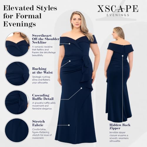 Image of Xscape Women's Long Off-the-Shoulder Sweetheart Neckline Formal Evening Gown with Ruching and Draped Ruffle Detail