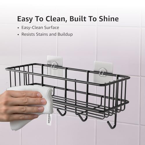 Image of Amazon Basics Wall Mounted Bath Rack with Hooks | Self adhesive| Mild Steel Bathroom Shelf for Toiletries, Loofahs & Razors | Sturdy, Easy to Clean, Rust-Resistant Bathroom Organizer - 28 x 12.2 x 9.6 cm, Pack of 2, Black