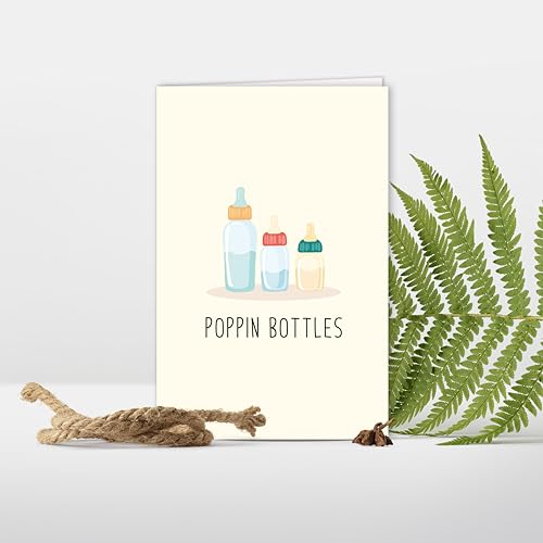 Image of Funny Baby Shower Card - 'POPPIN BOTTLES' Cute Newborn Gift Card for New Parents, Gender Neutral Baby Announcement