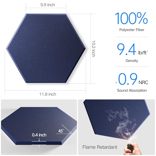 Image of 22 Pack Self-Adhesive Acoustic Panels 12 inch X 10 inch X 0.4 inch - Sound Proof Foam Panels with High Density, Stylish Hexagonal Design, Flame Resistant, Absorb Noise and Eliminate Echoes(Dark Blue)