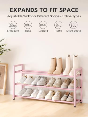 Image of Bumusty 3-Tier Expandable Shoe Rack for Closet, 18 inch-33 inch Adjustable Shoe Rack for Small Space, Small Shoe Organizer for Front Door, Sturdy Metal, Pink