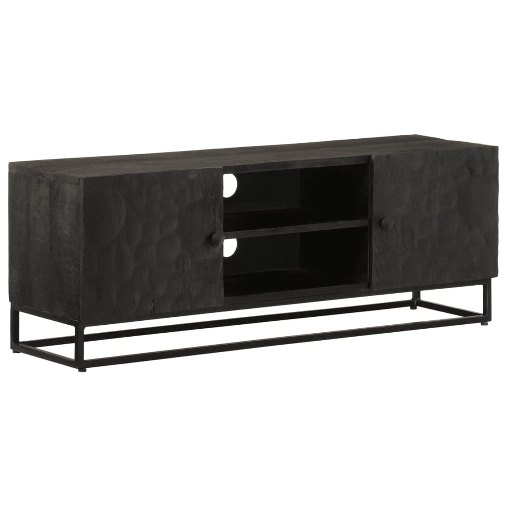 Meuble TV noir en manguier 110cm - Banc de salon industriel en bois massif et fer pour écran