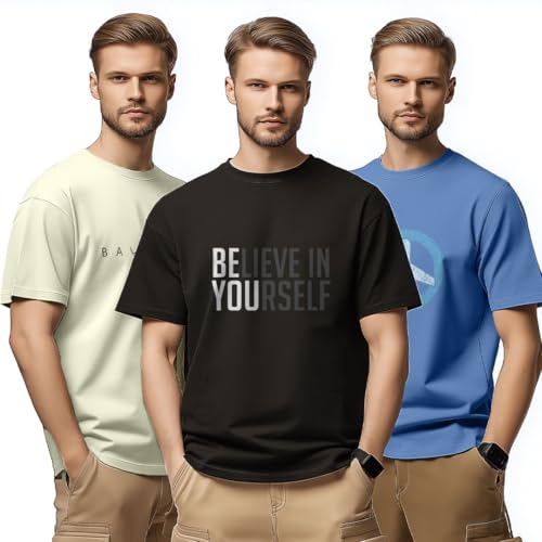 Image of Nobero 100% Cotton Tshirts for Men Combo Pack of 3 | Regular Fit | Printed | Round Neck Half Sleeve
