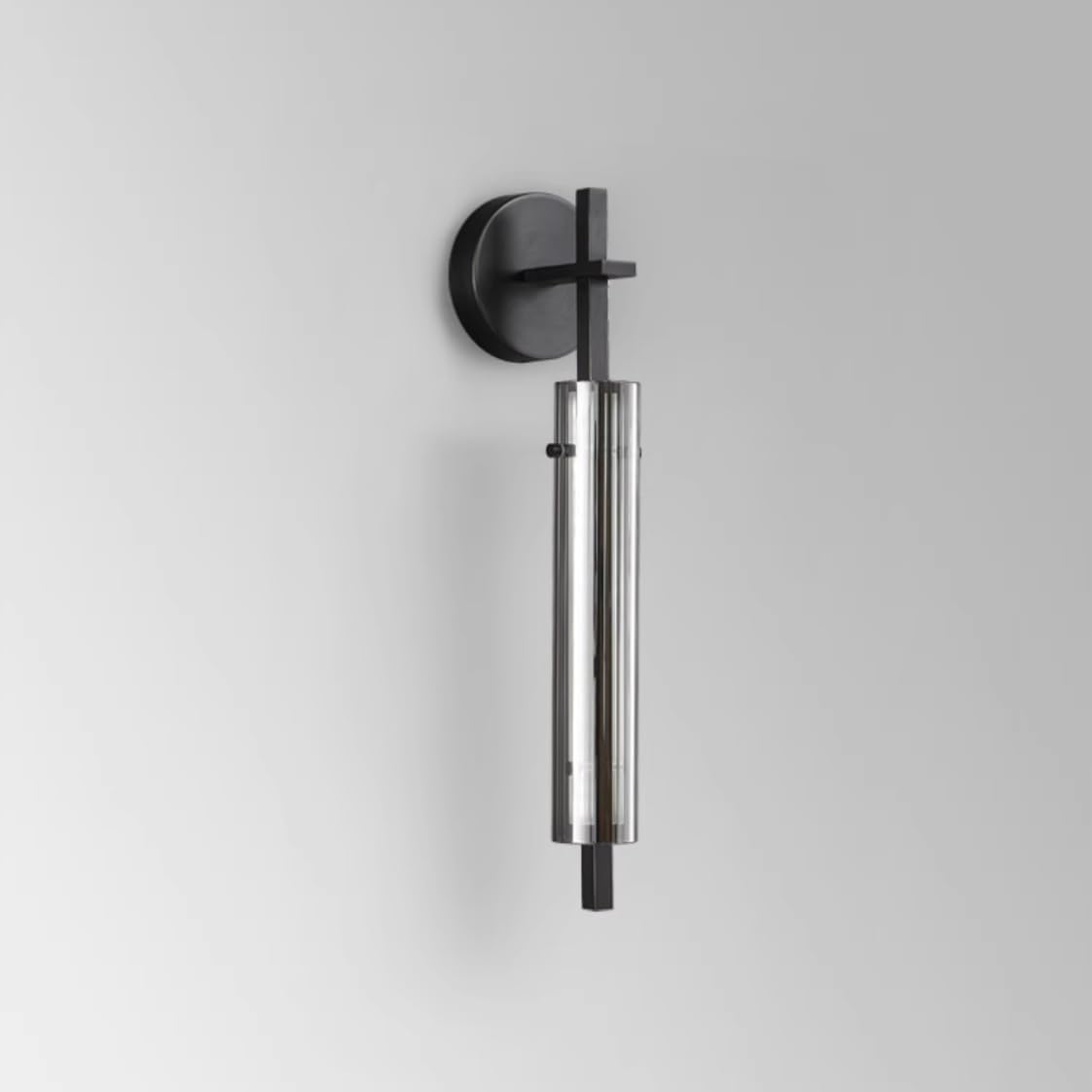 Cylinder Fluted Glass Wall Sconce Smoke Grey Shade Black Brass Wall Lamp Long Glass Tube Sconce Wall Lighting Modern Ribbed Bathroom Sconce for Living Room Bedroom - 19.5"