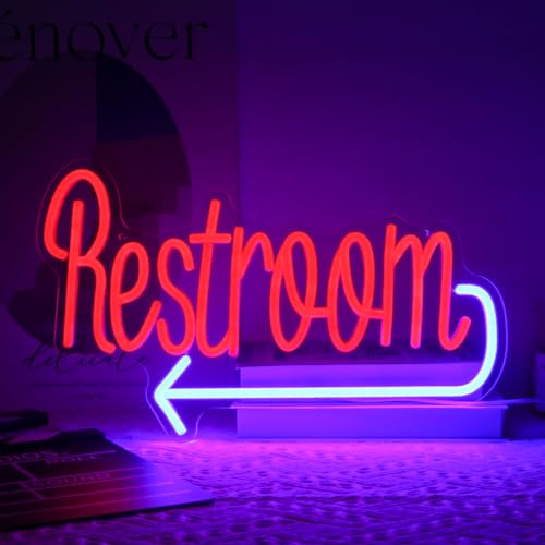 Image of Restroom with Arrow Neon Sign Toilet LED Lights for WC Bar Restaurant Decor | Dimmable Neon Bathroom Sign, Prominent Acrylic Directional Signs, Red Blue Washroom Neon Light, USB Powered, Easy to Hang