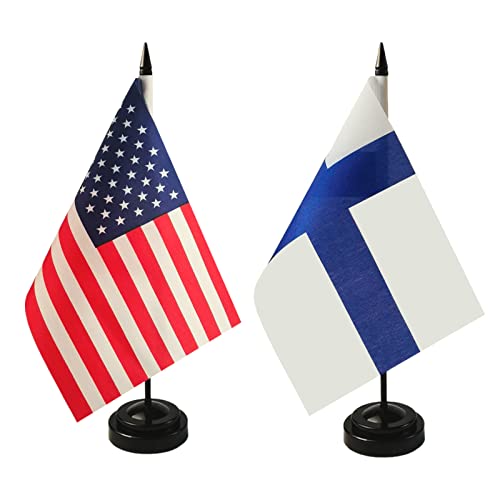 1 American and 1 Finnish 8'x5' Miniature Desk & Table Flag, Includes 2 Flag Stands & 2 Small Mini Stick Flags, USA American & Finland Flag,Finland Flags ,Finland Room Flag, Friendship Flags of the World
