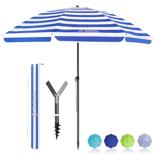 BelleMax Sonnenschirm Strand Windfest Stabil mit Bodenhülse & Schutzhülle 30° knickbar Sonnenschirm klein Rund Strandschirm Gartenschirm Marktschirm Sonnenschutz UV50+ Blaue weiße 160 cm