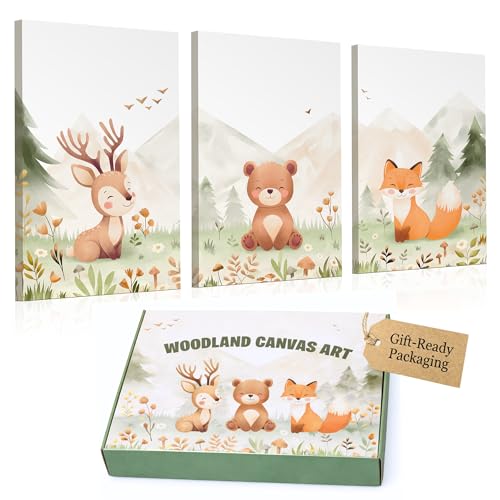Woodland Nursery Canvas Wall Art – Hand-Drawn Forest Animals (Deer,