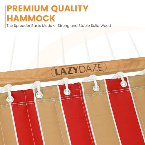 Image of Lazy Daze Hammocks Hammock Quilted Fabric with Pillow for Two Person Double Size Spreader Bar Heavy Duty Stylish, Red & Tan Stripe