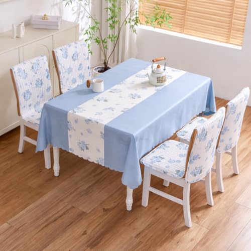Image of HOMETHREADS Floral Cotton Chair Cover Set | Soft & Comfortable Seat Covers with Anti-Skid Non-Slip Backing + Waterproof Dining Table Cover (140x180 cm) (White Blue, 4 Chair Covers + 1 Table Cover)