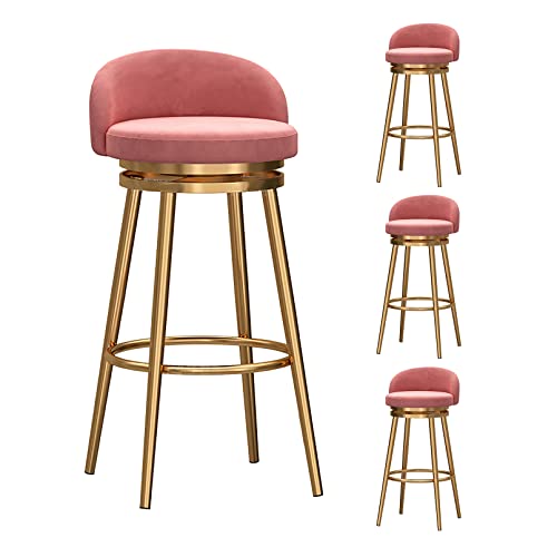 Juego de 4 taburetes de bar giratorios de terciopelo rosa de 65 cm de altura de mostrador, estilo rústico con patas de metal dorado