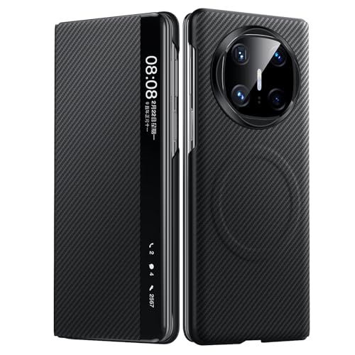 Lederhülle für Huawei Mate X6, magnetische Hülle, Karbonfaser, Textur, Fenster, Sichtfunktion, Klappetui, Ganzkörperschutz, Business-Hülle, Schwarz