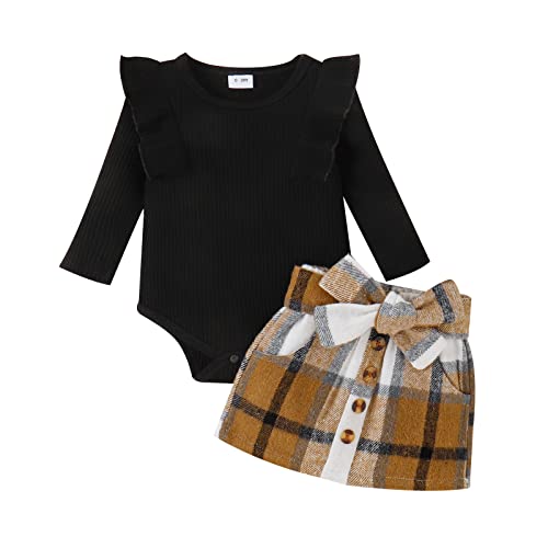 Image of Newborn Baby Girl Spring Clothes Set 2Pcs Ribbed Romper Bodysuit Top Plaid Skirt with Belt Infant Baby Romper and Skirt Set