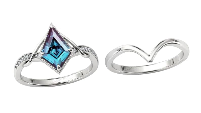 Kite Shaped Alexandrite Engagement Ring Set 14k Gold Alexandrite Art Deco Wedding Ring Set Vintage Alexandrite Bridal Anniversary Ring Set (QS-AL-72)3