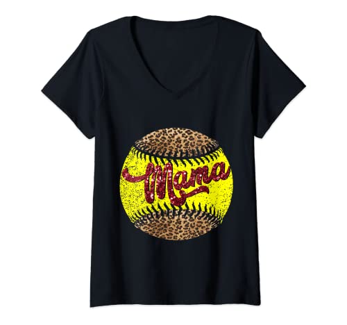 Mujer Softball Mama Leopard Print Regalo para mamá de sóftbol Camiseta Cuello V