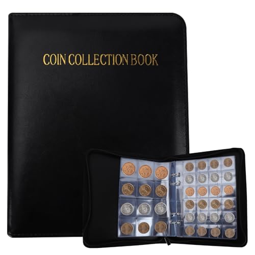 Domigard Coin Collection Album, 360 Pockets Coin Storage Books, Coin Collection Holder Book with Leather Cover, Coin Storage Album Binder with Zippers (20 Collecting Pages and 2 Size Grid)